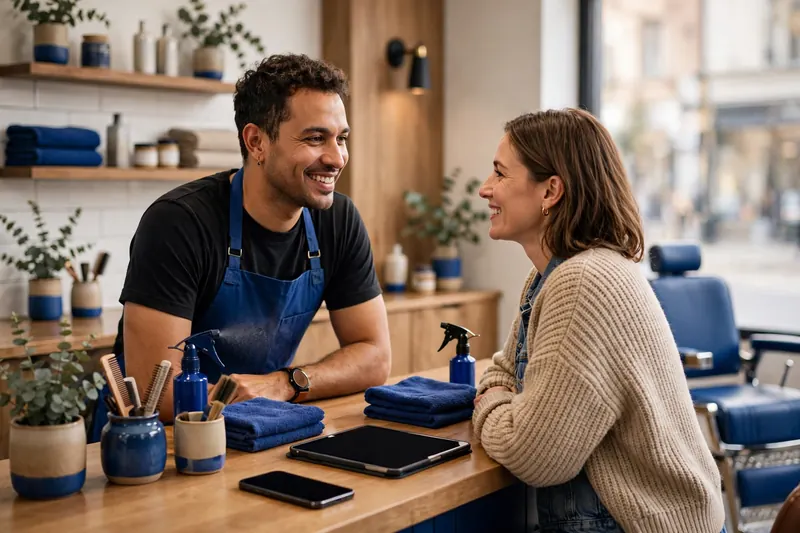 Barber talking with a happy customer at the counter